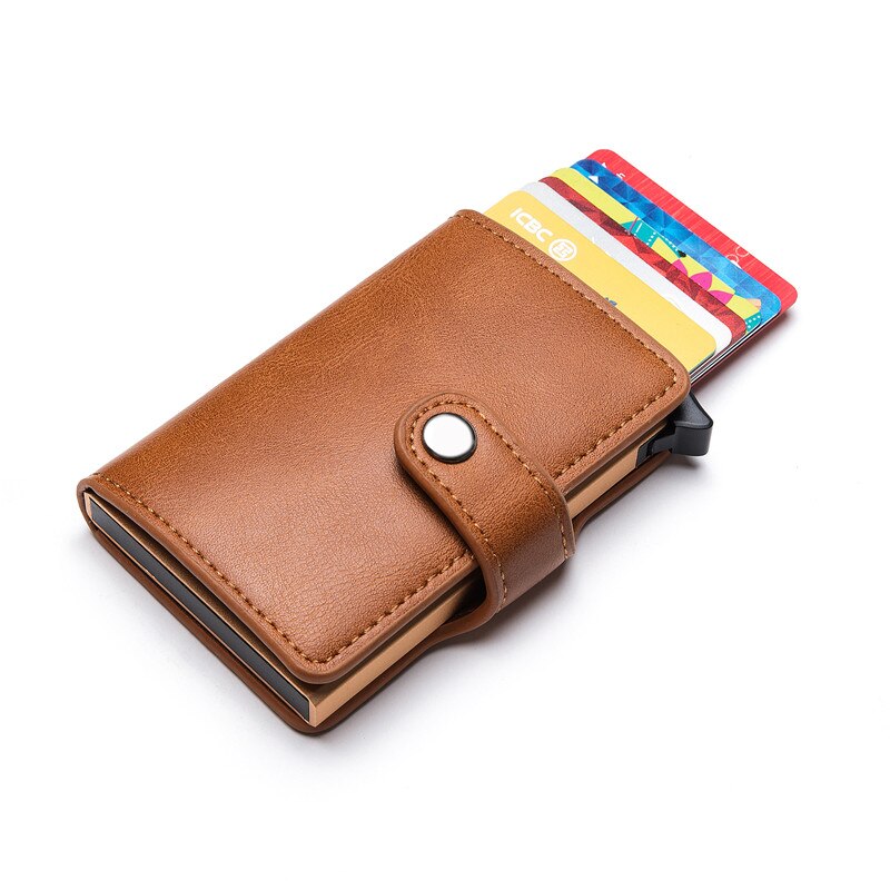 BISI GORO Casual Card Holder Hasp Protector Smart Card Case RFID Aluminum Box Slim Men and Women PU Leather Wallet: Brown YM015