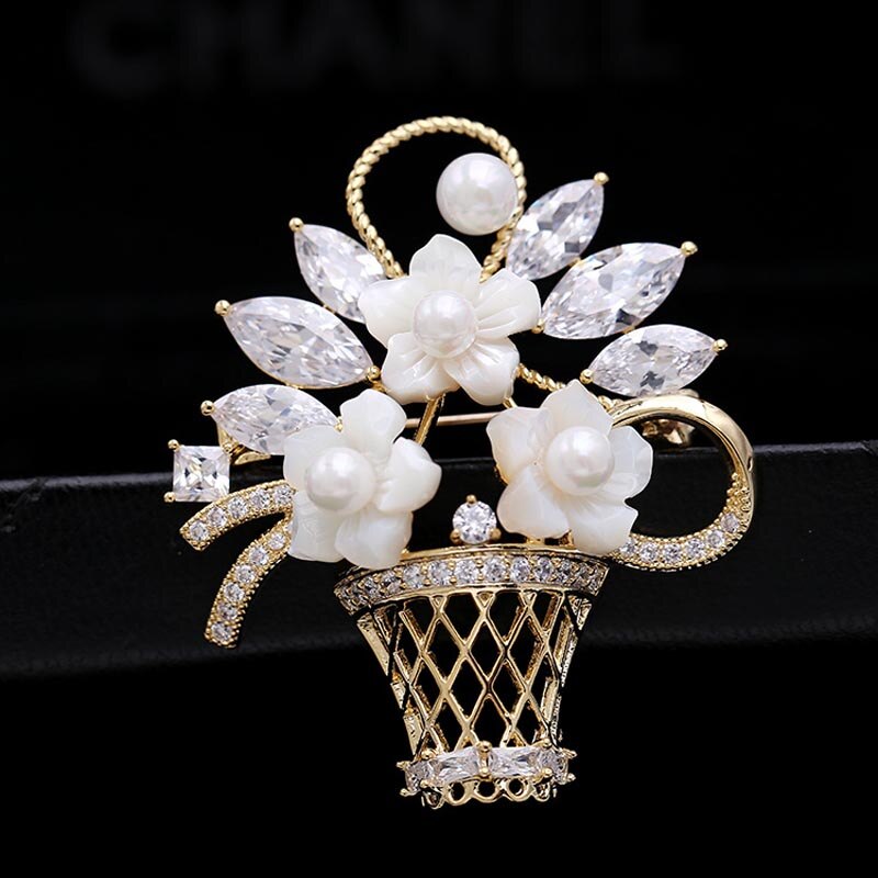 RED TREES Flower Basket Brooch - Zircon & Shell Pearl - Sterling Silver Plated - Wedding Bouquet Accessory