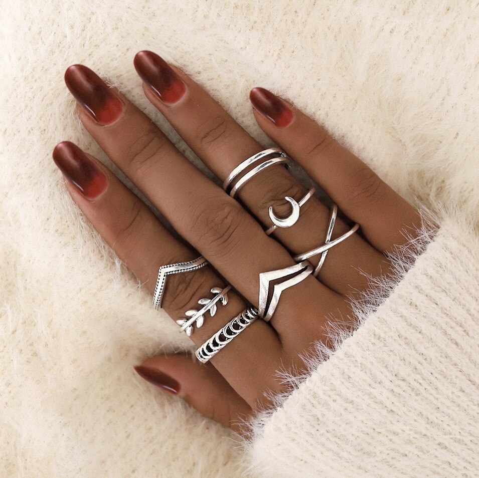 Tocona eenvoudige geometrische sterren maan zilverkleurige ringen voor vrouwen punk boho gezamenlijke vinger ringen set sieraden accessoires