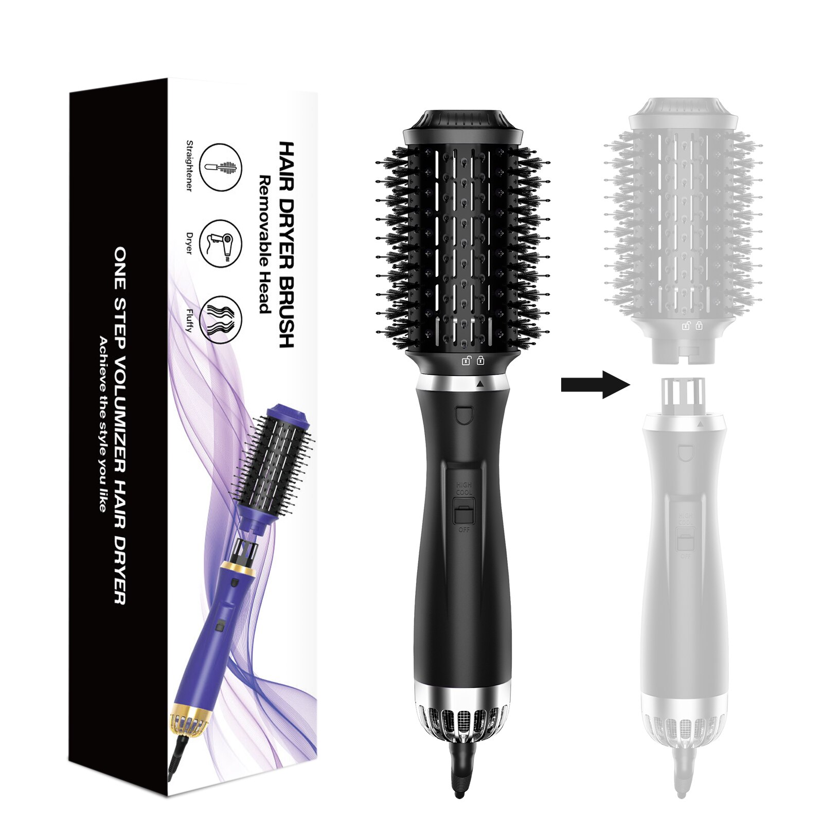 1200W asciugacapelli spazzola One Step asciugacapelli e volume amplificatore rotante spazzola ad aria calda asciugacapelli asciugacapelli piastra per capelli arricciacapelli pettine: Uk plug / Black with box