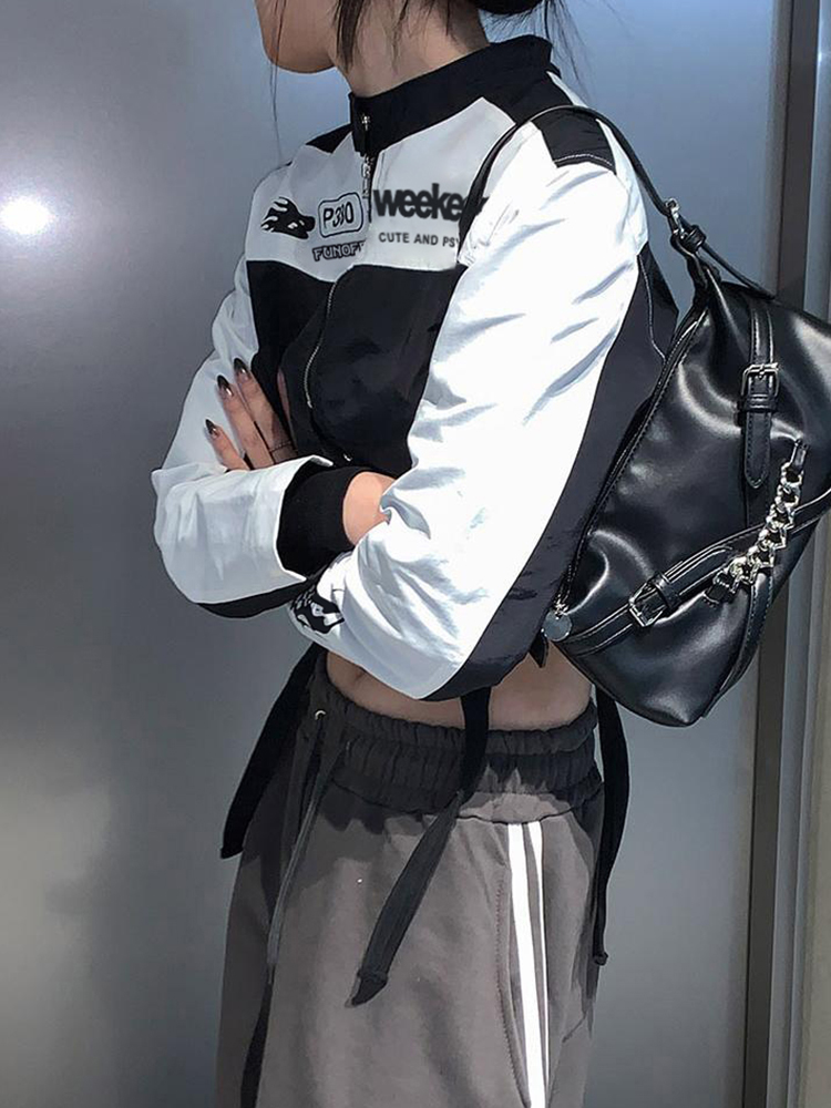 Rockmore cropped jakker til kvinder cool biker-stil streetwear lynlås kort frakke  y2k lange ærmer efterårsovertøj