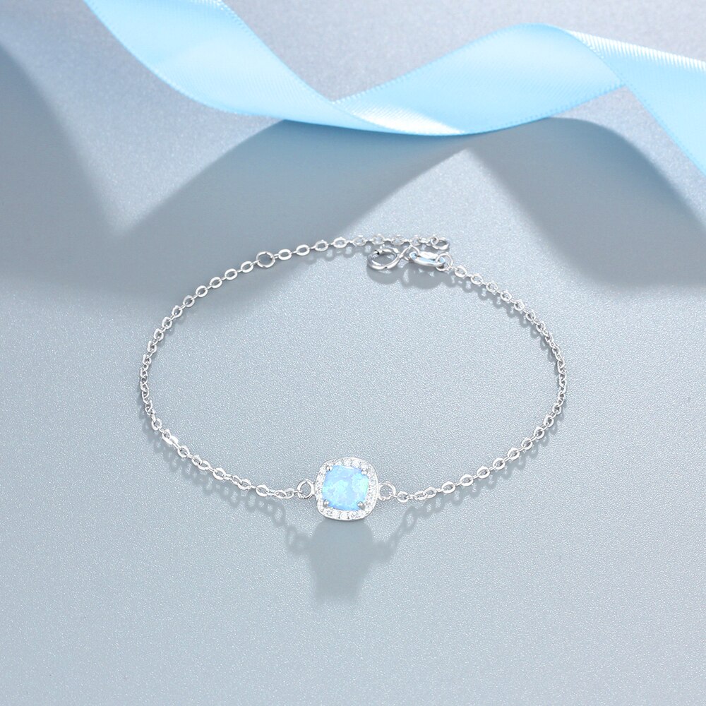 Jewelora 925 Sterling Zilveren Vierkante Gemaakt Blue Opal Armbanden Met Zirconia Chain Armbanden En Armbanden Voor Vrouwen