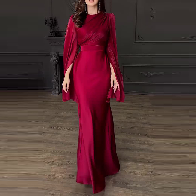 Vintage højtaljet dame satin lang kjole dame temperament rund krave kjoler slanke lange ærmer banketkjoler