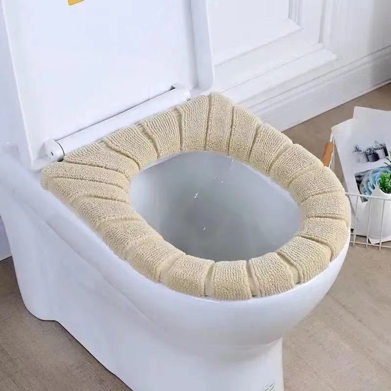 Winter Warm Toilet Seat Cover Closestool Mat 1Pcs Washable Bathroom Accessories Knitting Pure Color Soft O-shape Pad Bidet Cover: Khaki