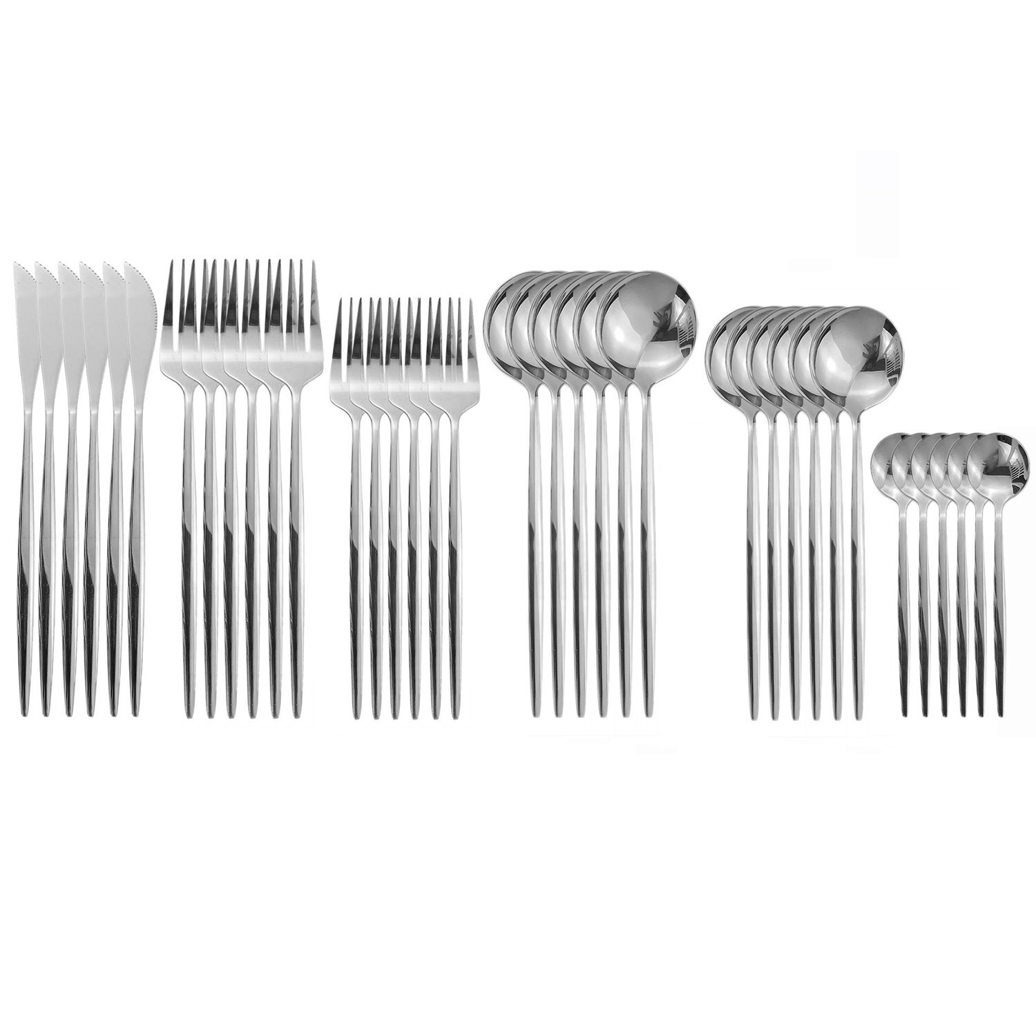 36Pcs Zwart Goud Servies Set Gouden Lepels Vorken Messen Bestek Sets Roestvrij Staal Slverware Midden Mes Vork Eetlepel: 36pcs Silver