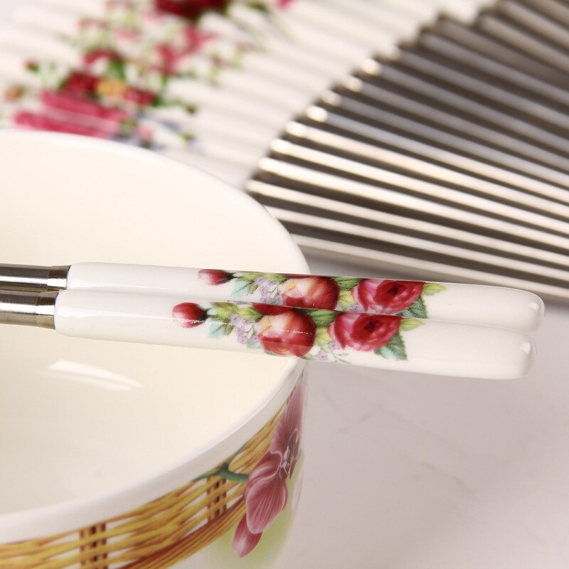 BalleenShiny 1 Pair Stainless Steel Chopsticks Chinese Style Rose Peony Ceramic Handle Anti-skid Chopsticks for Rice