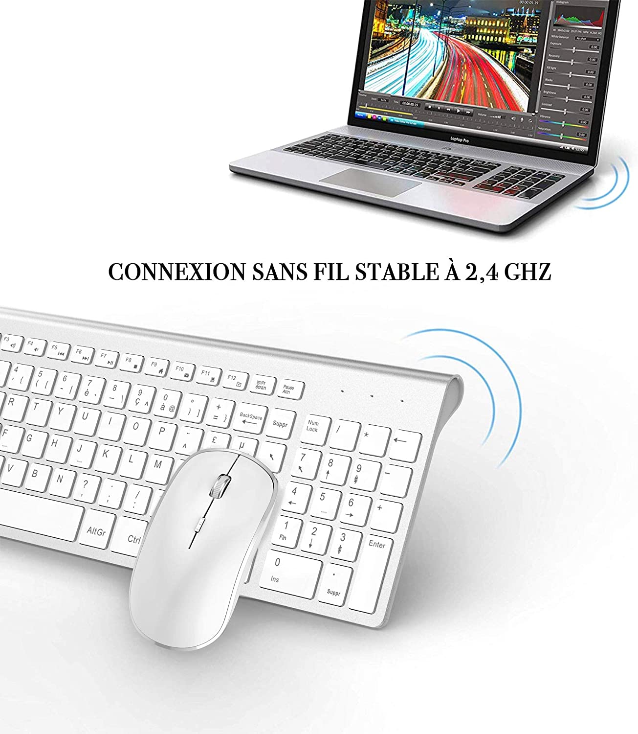 AZERTY French 2.4G Wireless Keyboard Mouse Ergonomic Compatible with IMac Mac PC Laptop Tablet Computer Windows (Silver White)