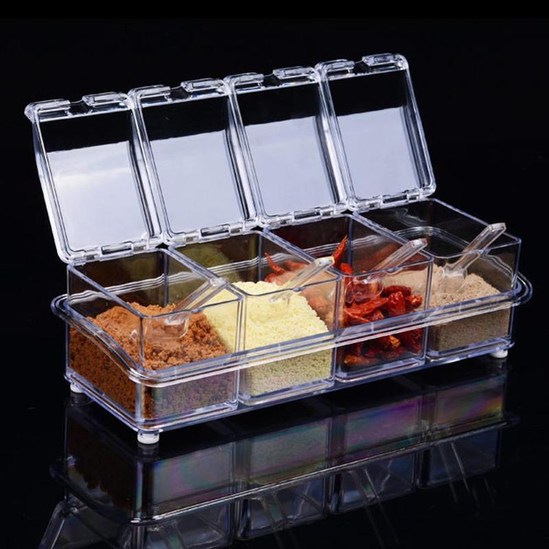Four Grid Kitchen Seasoning Box Set Crystal Transparent Gadget Salt Kitche Seasoning Seasoning Spoon Sugar Jar Box S9I8