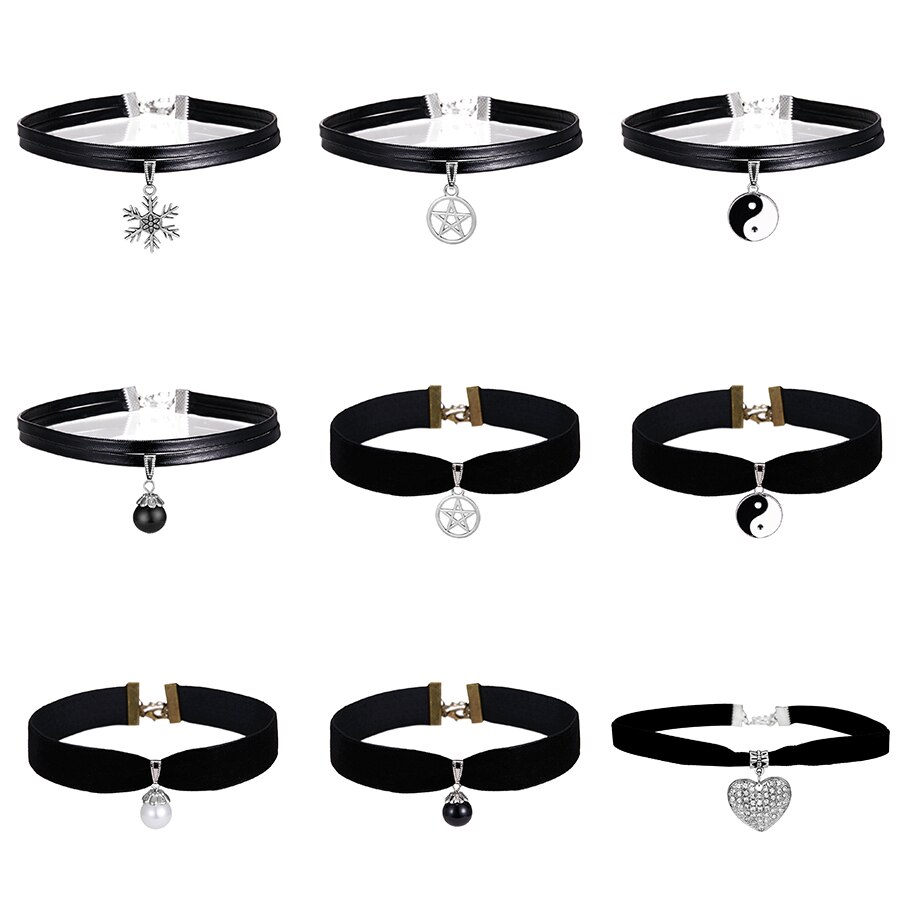 Choker Ketting Zwart Kant Fluwelen Strip Vrouw Kraag Partij Sieraden Ketting Handgemaakte Lederen Touw Sneeuwvlok Ster Sleutelbeen Keten