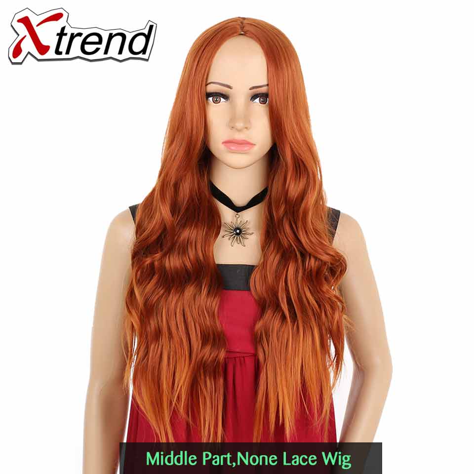 Xtrend syntetisk blonde front paryk lang pink kobber rød lilla orange ombre grå blond hvid parykker til kvinder bølge hår kvinde: Kobberrød