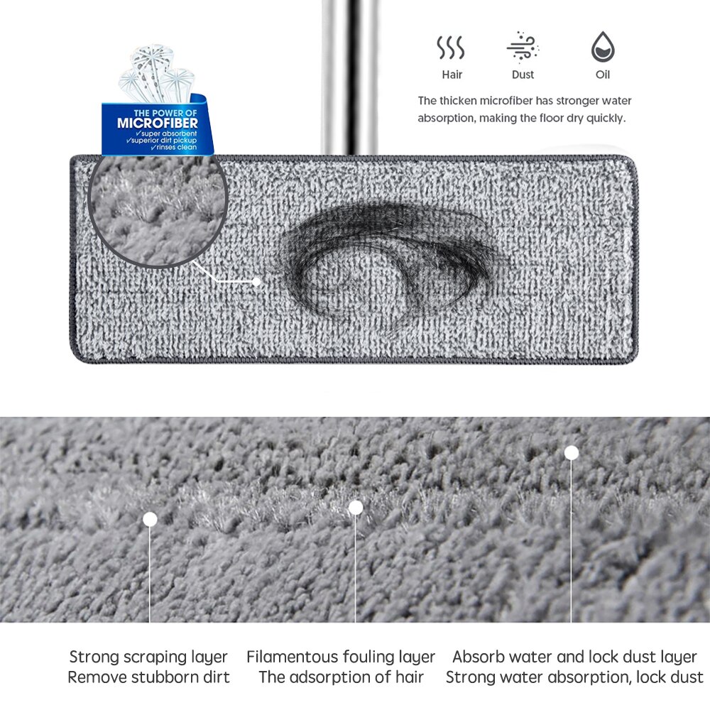 Trapeador plano con cubo Rotación de 360 ​​grados No lavar a mano Fregona para limpieza de suelos 6 alfombrillas de microfibra Uso húmedo y seco Utensilios de cocina para el hogar