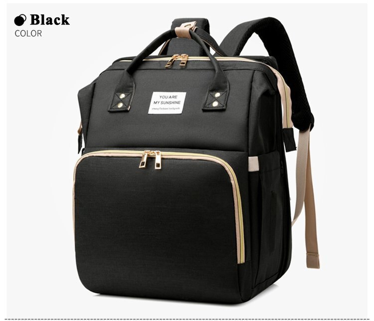 Bolsa de pañales para cama, de cuna, bolso de momia desmontable, impermeable, mochila de pañal de tela, almohadilla cambiante y ganchos: Black