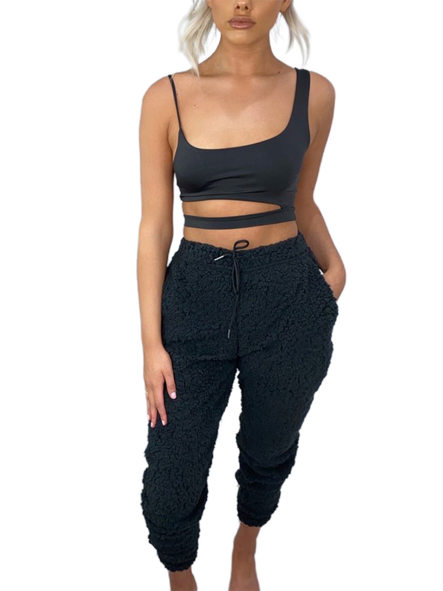 Pantalon pyjama à la cheville pour femmes, poches chaudes, couleur unie, cordon de serrage, taille naturelle, polaire: Black / XXL