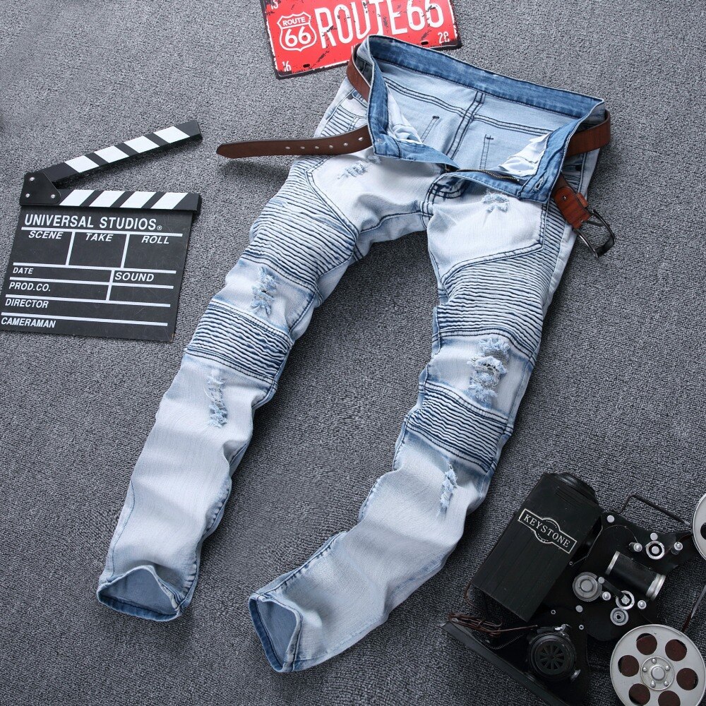 Mens Ripped Biker Jeans 100% Cotton Slim Fit Motorcycle Jeans Men's Skinny Hole Denim Joggers Pants