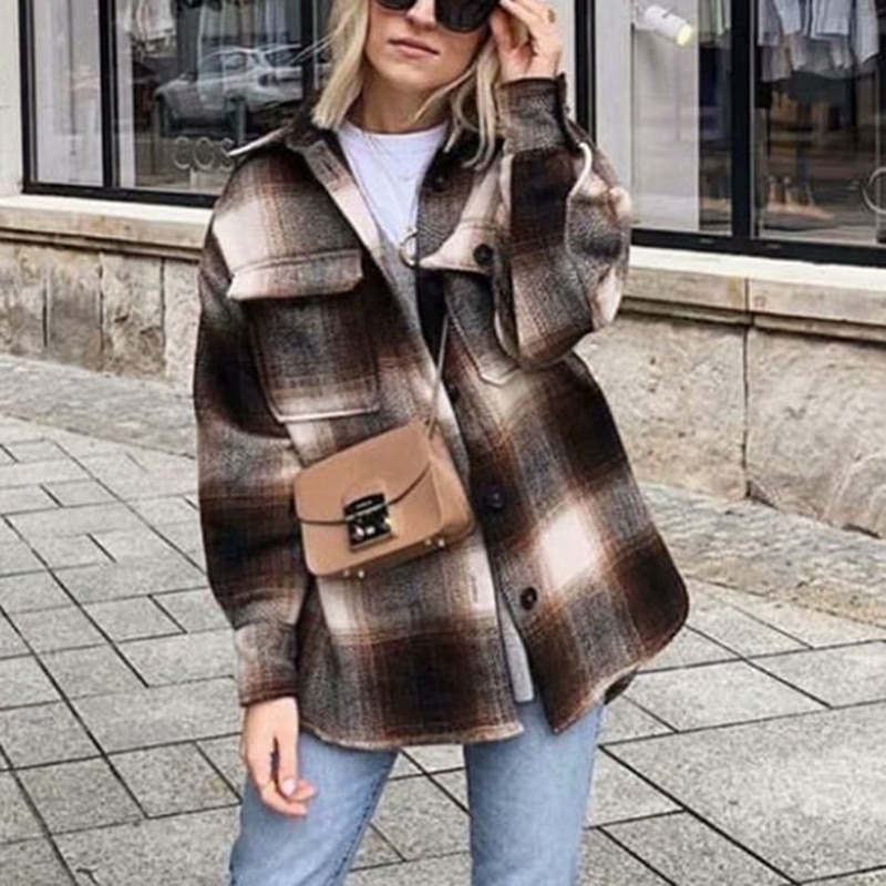 Vintage women long sleeve woolen coats ladies thick plaid coat female streetwear girls oversize jacket chic