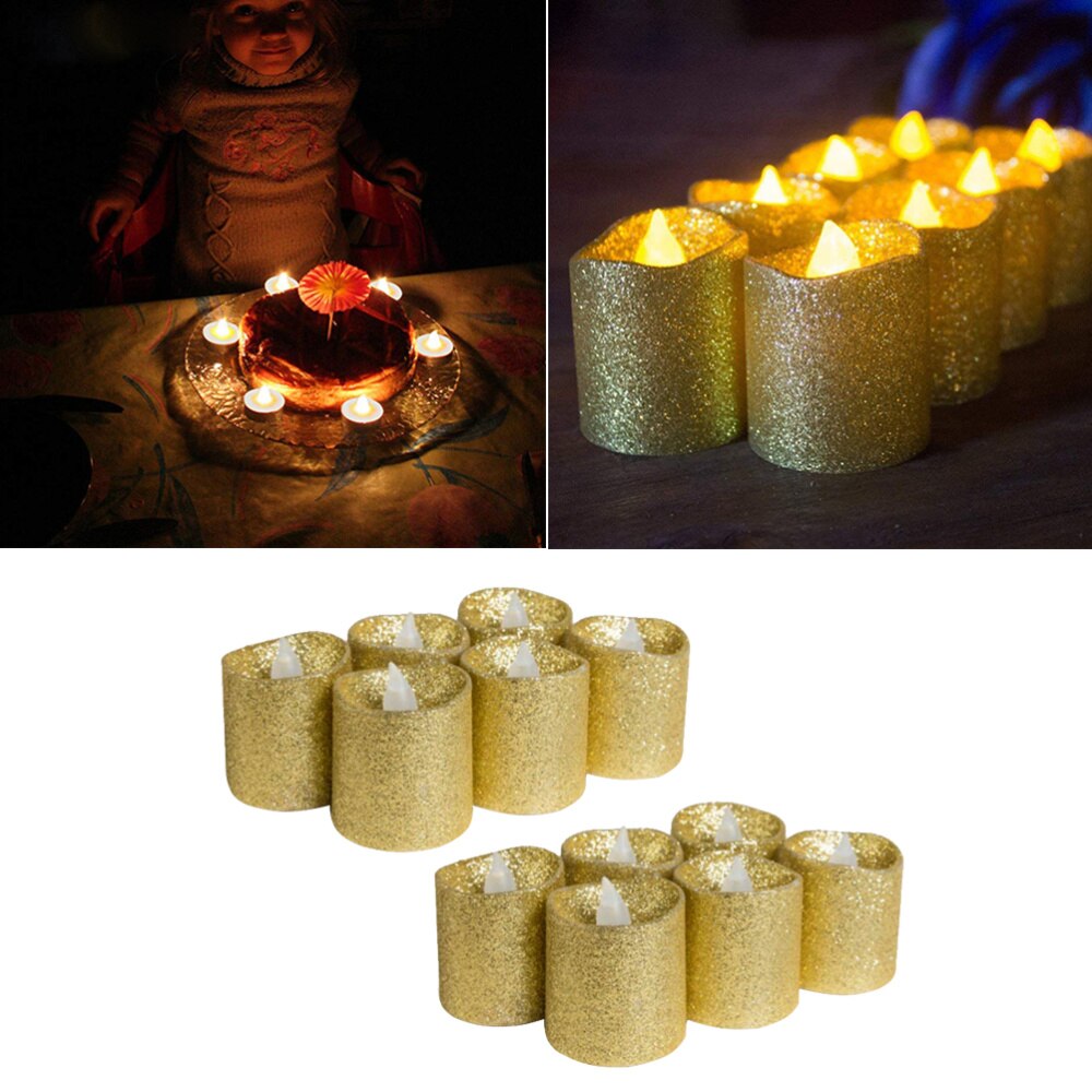 12pcs Flameless Candles Light Decorative Glitter Electric Candles for Wedding Christmas Festival Party Decoration (Golden)