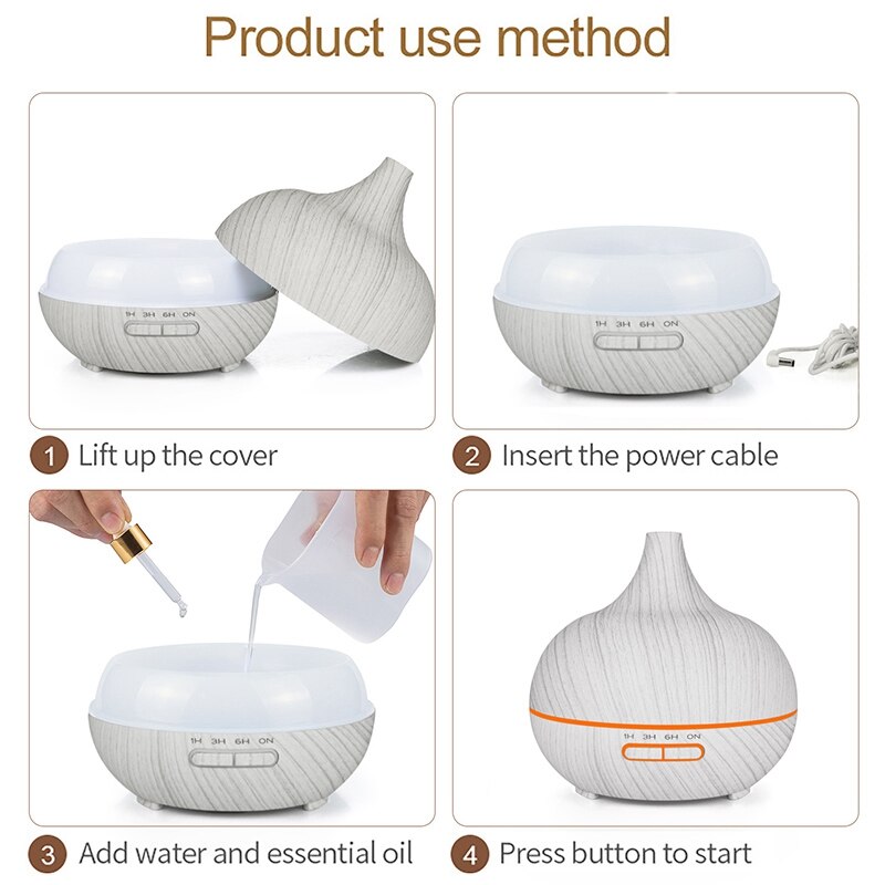400Ml Ultrasonic Electric Air Humidifier Aroma Oil Diffuser White Wood Grain 7 Colors Led Lights for Home