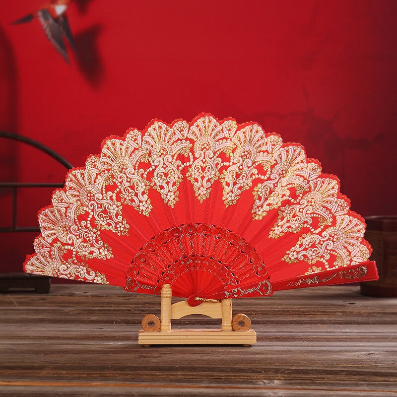 Exquisite Folding Fan Floral-Print Lace Silk Stamping Hand Held Fan For Wedding Dance Party Stage Performance Decoration: 04