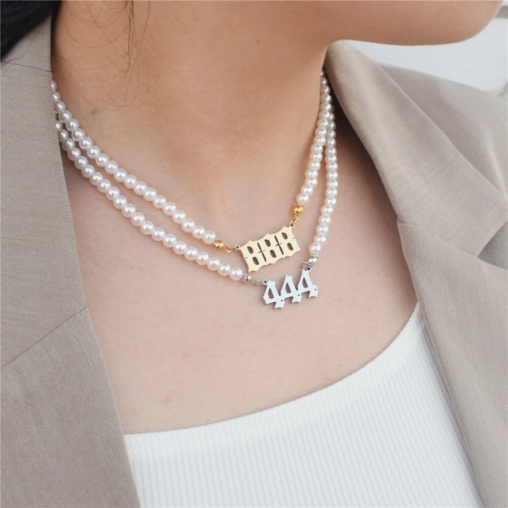 Angel Number Necklaces 111 222 333 444 Imitation Pearl Neckcklace Choker Necklace 888 999 666 Stainless Steel Minimalist Jewelry