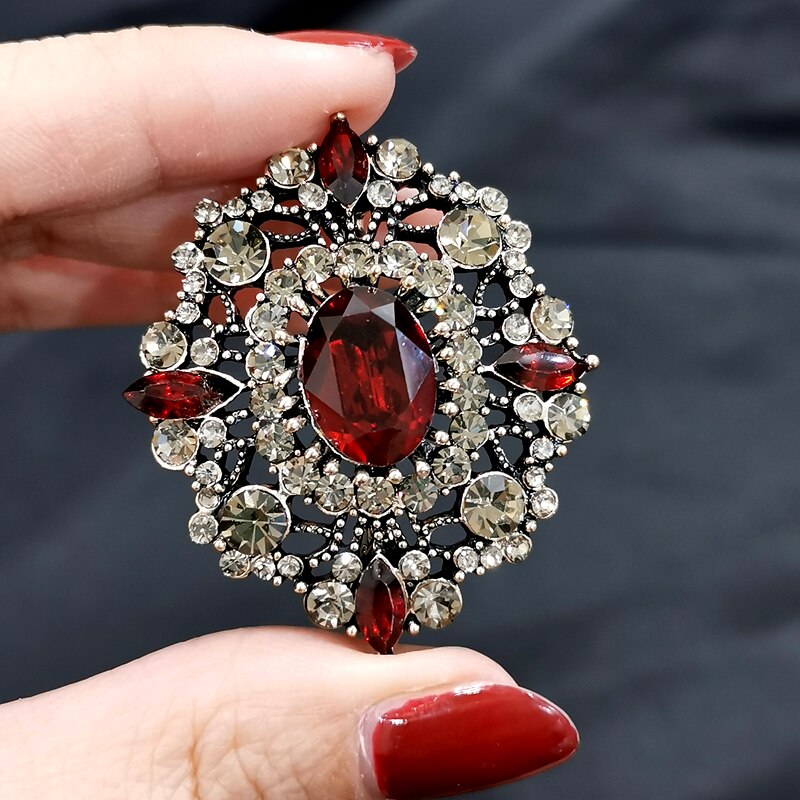 SINLEERY Gothic Style Red Black Blue Oval Big Stone Brooches For Women AAA Cubic Zircon Pins Jewelry Accessories ZD1 SSG
