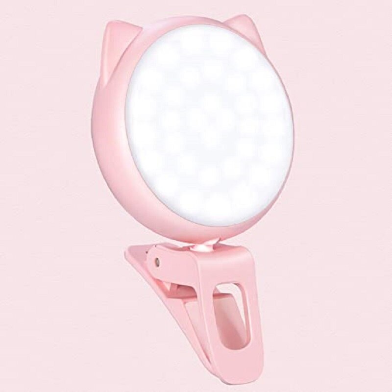 Luz recarregável de selfie para iphone, luz do anel com brilho ajustável de 9 níveis para o portátil, grampo em mini ledlight do telefone celular: Pink