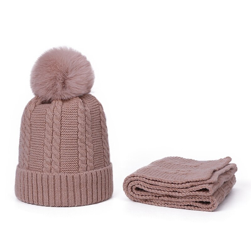 Bonnet et écharpe en fausse fourrure pour enfants, ensemble avec doublure, Bonnet et épais, couleur unie, automne, hiver: E