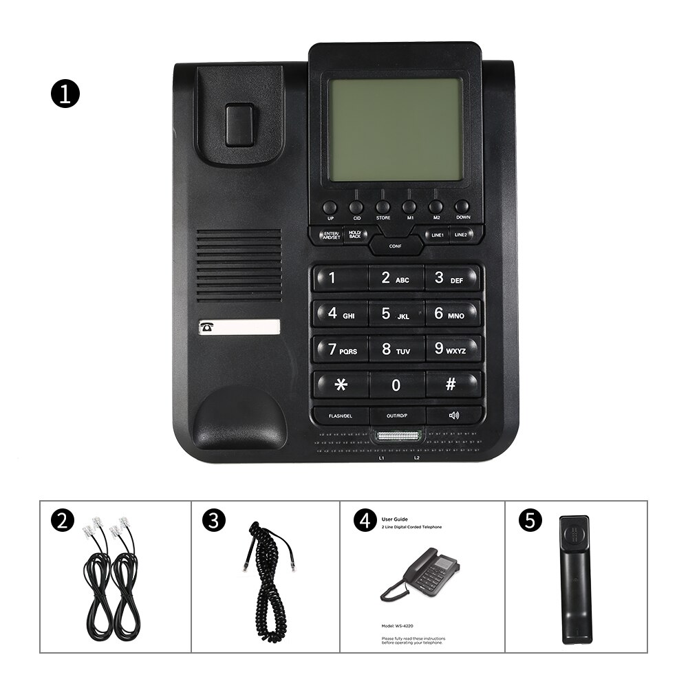 2-Line Digital Corded Telephone Desk Landline Phone Support 3-Way Conference Call/Redial/Auto-redial/Set Key/Memory Key