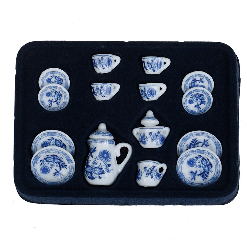 15Pcs 1/12 Doll house Miniature Blue Flower Patten Porcelain Coffee Tea Cups Ceramic Tableware Kitchen Accessories: A 3