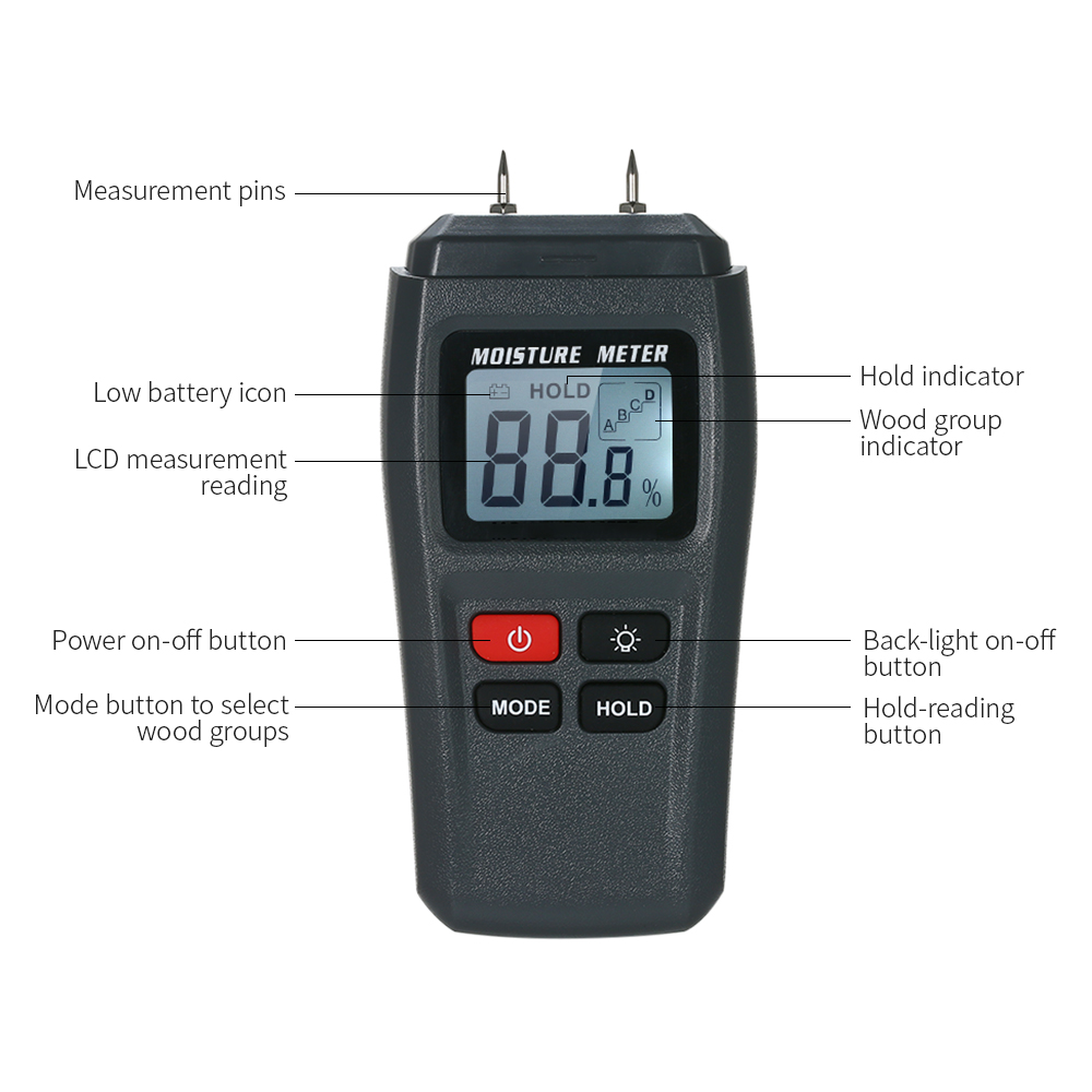 Digital Wood Humidity Moisture Meter Hygrometer Handheld LCD Lumber Damp Detector Timber Humidity Content Tester 2 Pin Probe