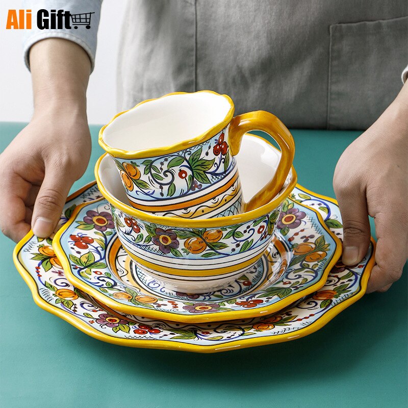 Plate Hand-painted Underglaze Color Crafts Ceramic Yellow Irregular Steak Plate Available Tableware Plate Saucer Cup