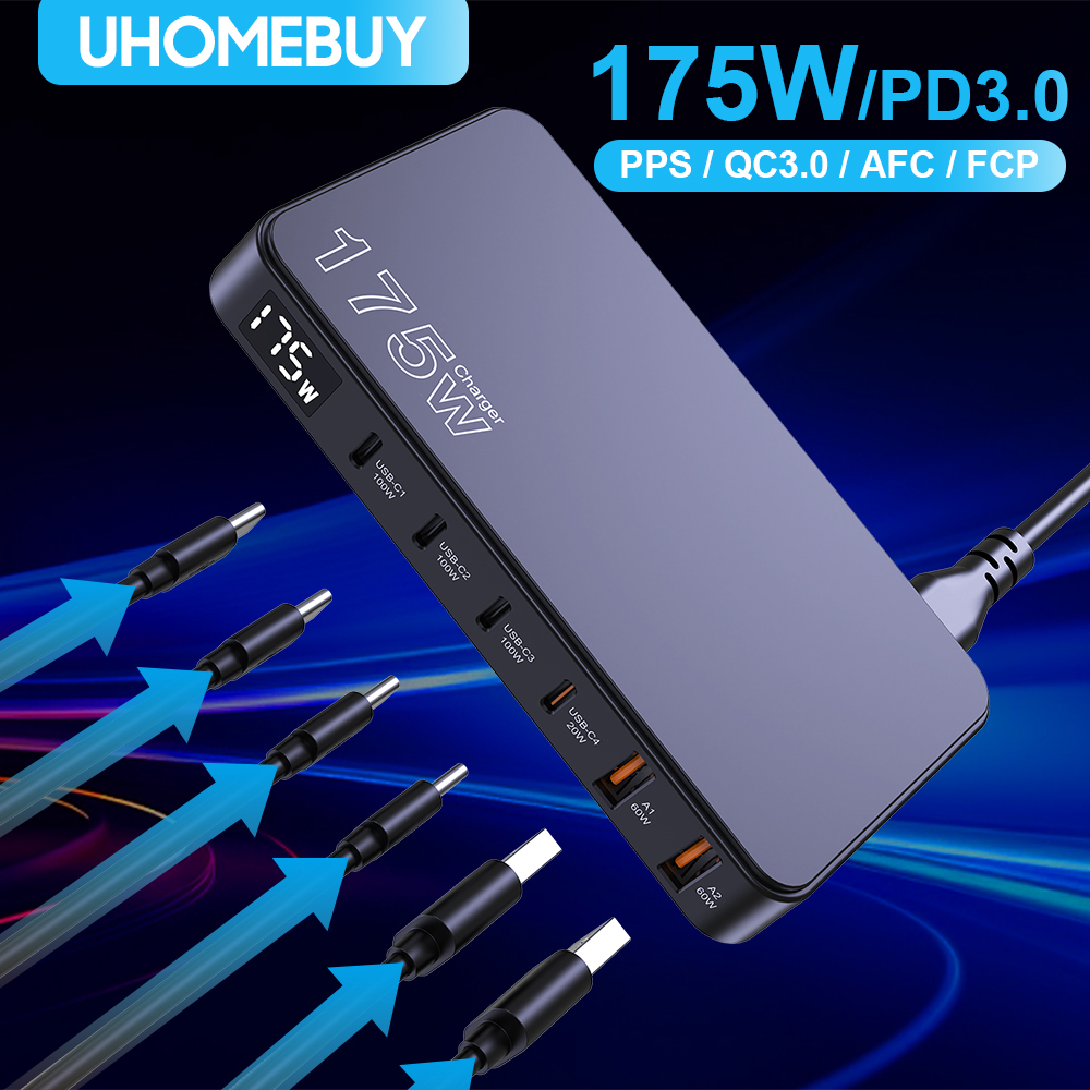 UHOMEBUY-Chargeur de bureau ultra-mince, charge rapide pour Samsung iPhone, affichage numérique, type C, PD, 175W, GaN, USB C, 100W, PPS45W
