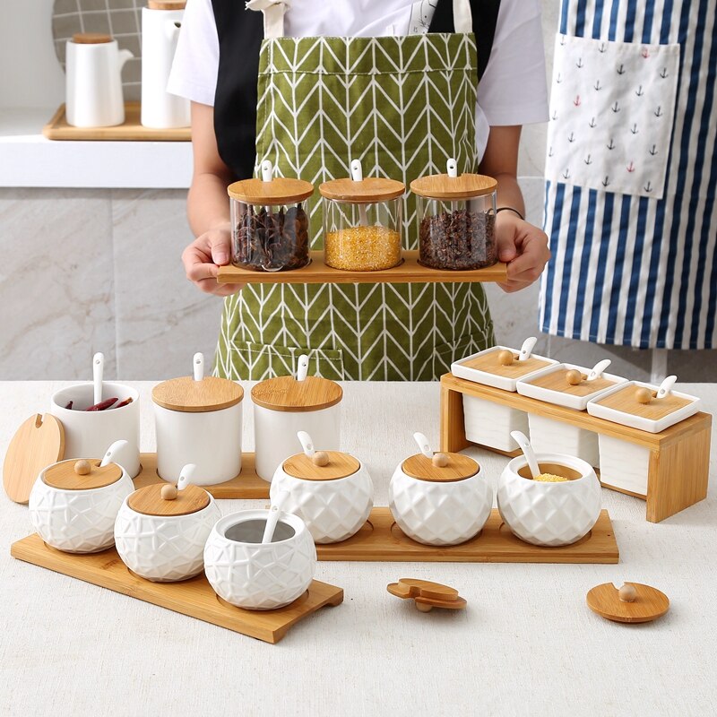 Keramische Specerij Opslag Jar Creatieve Keramische Keuken Kruiden Tank Set Olijfolie Fles Suiker Zout Shaker Kruidkruik