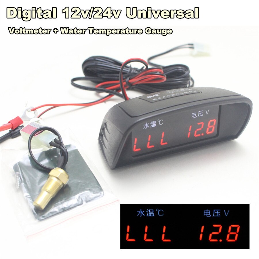 2in1 LCD Digitale 12 v/24 v Auto Vrachtwagen Voltmeter Voltage Gauge + Water Temperatuurmeter Thermometer