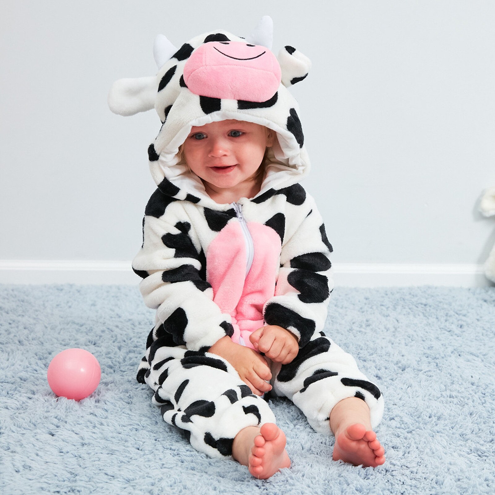 Baby Jongen Meisje Kleding Set Baby Baby Flanel Cartoon Vlekken Koe Print Hooded Romper Jumpsuit Sets