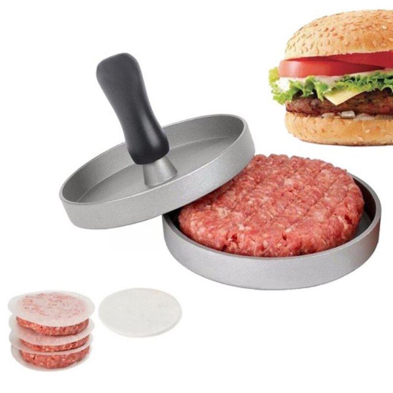 1 sæt rund form hamburger presse aluminiumslegering hamburger kød oksekød grill burger presse patty maker skimmel: Tryk og papir