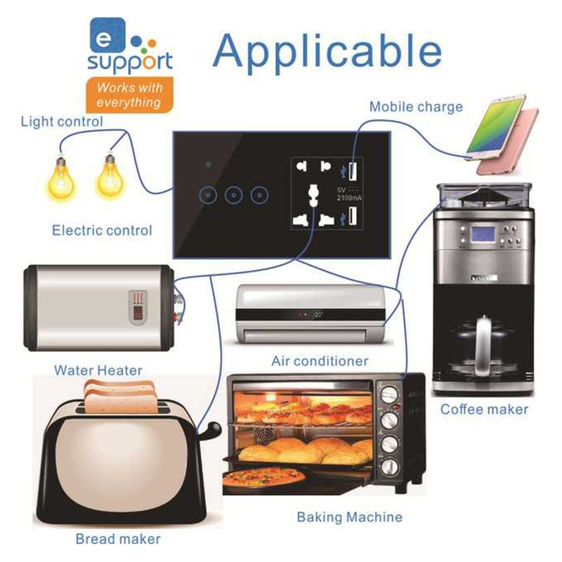 EU Standard Smart Light Switch Panel Wall 1/2/3 Gang wifi Light Switch 90V-240V AC WiFi EU Socket Work with Alexa Google Home