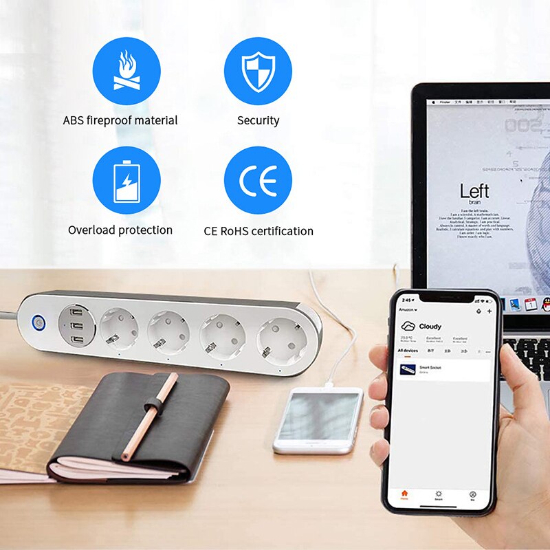 Wifi Smart Power Strip 4 EU Outlets Plug with 3 USBCharging Port Timing App Voice Control Work with Alexa Google Home