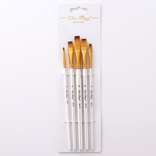 Pincel de nailon para pintura acrílica Gouache, suministros de arte, punta plana, tubo dorado, blanco, 5 unids/paquete: Set B