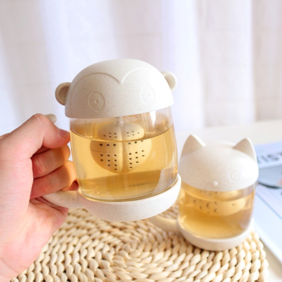 Cat/Monkey Glass Tea Mug Cup with Fish Tea Infuser Strainer Filter 250ML (White)