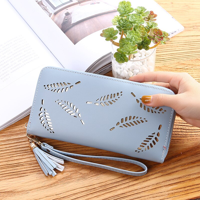 Women Wallet Luxury Leather Wallets For Women Long Zipper Coin Purses Credit Card Hollow Leaves Pouch Handbag Lady Holders Bags: 4