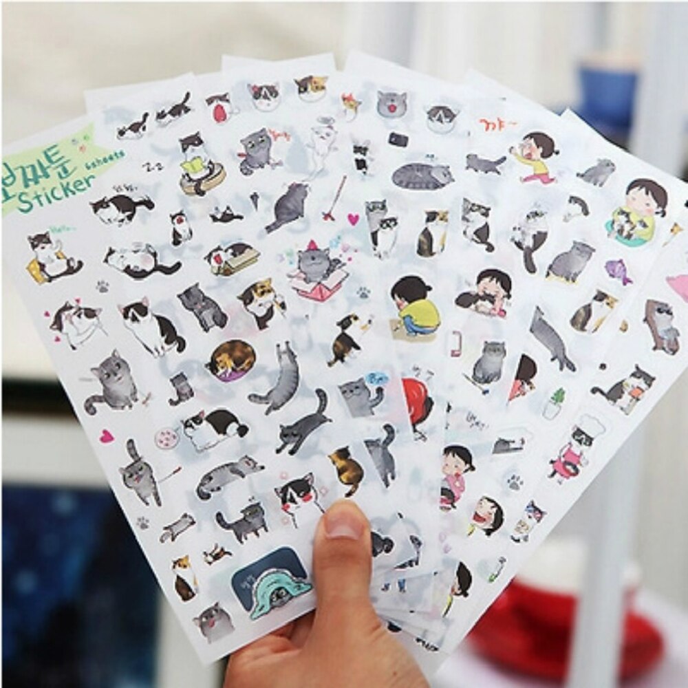 6 Pcs / Pack South Korea Transparent Pvc Stickers Cute Cat Diary Photo Album Stickers