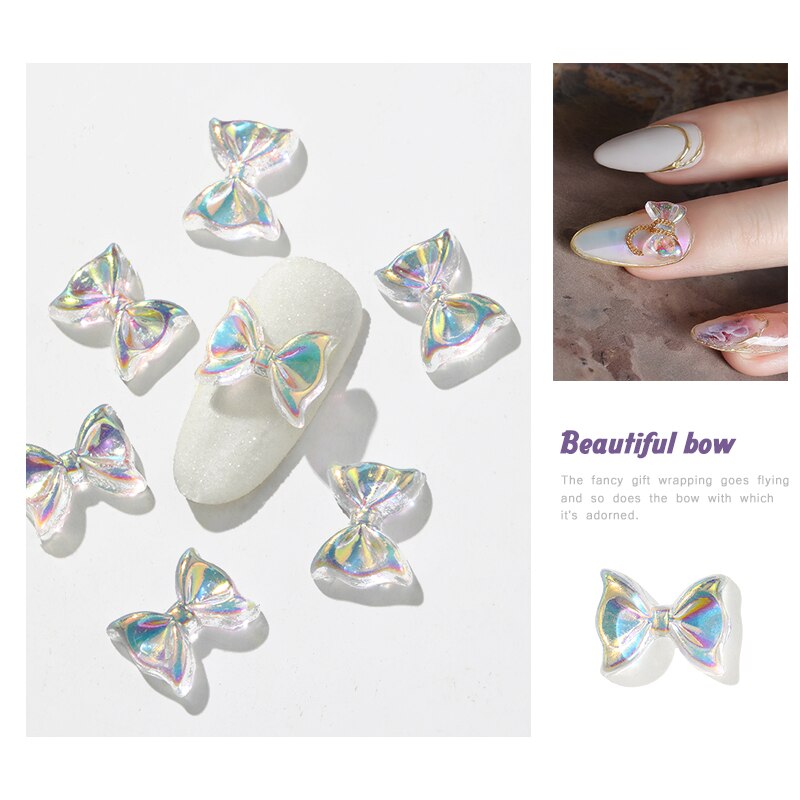 10Pcs Holografische Aurora Strikjes Nail Art Decoraties 3D Crystal Ab Kleurrijke Boog Ornamenten Japanse Diy Manicure Accessoires
