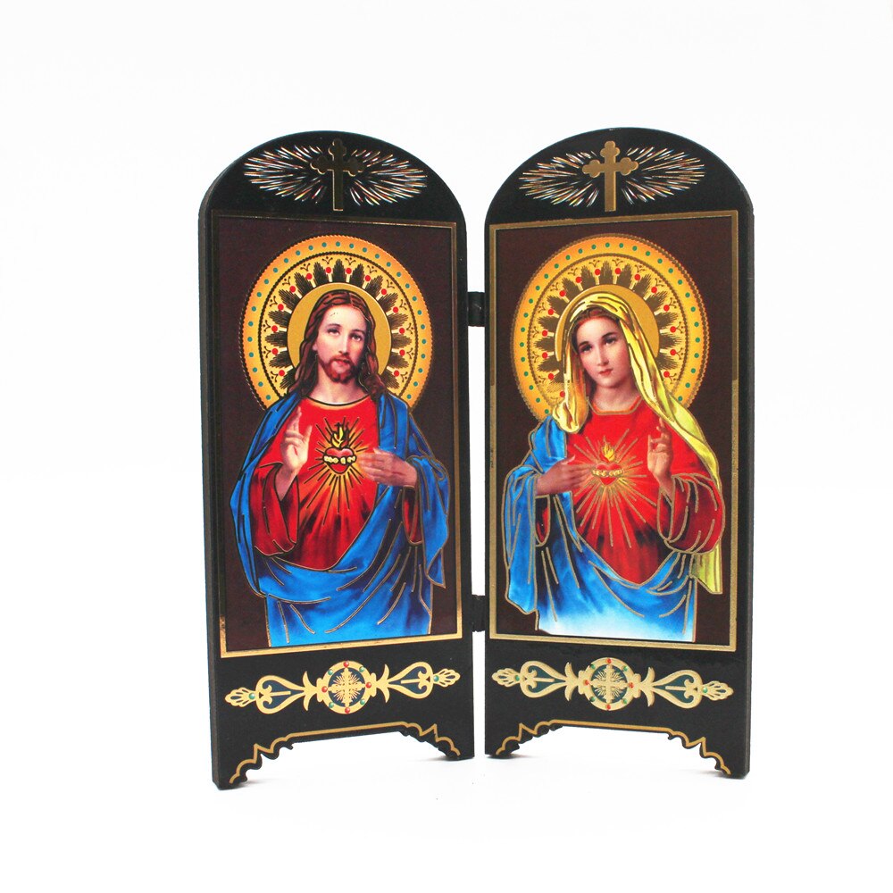 Ortodokse ikoner katolsk træ jesus jomfru maria dobbeltskærm ornamenter kristus kirkeredskaber religiøs figur: Lysegul