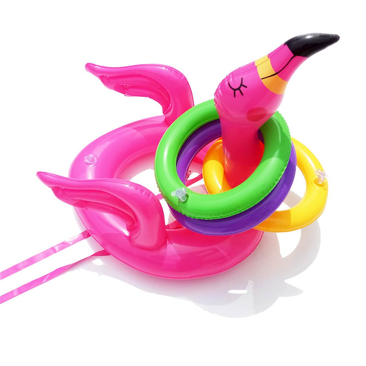Opblaasbare Flamingo Hoofd Hoed Met 4Pcs Toss Ringen Draagbare Water Spel Voor Familie Party Roze Pvc Materiaal Zwembaden & leuk Speelgoed