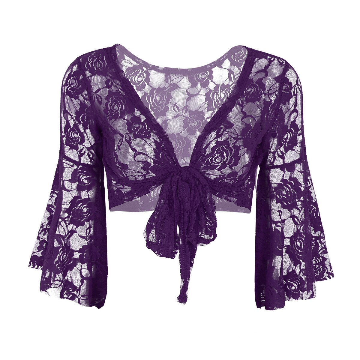 Haut moulant transparent en dentelle pour femmes, Sexy, haut en maille, manches longues évasées, chemise de danse du ventre, réservoirs, cravate avant, Cardigan, enveloppe les épaules, Clubwear: Purple