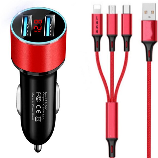 Cargador de coche inalámbrico 3 en 1, Cable de carga rápida, USB Dual para teléfono inteligente, Cable de carga de datos Universal para iPhone, Android, Xiaomi, tipo C: Red Set