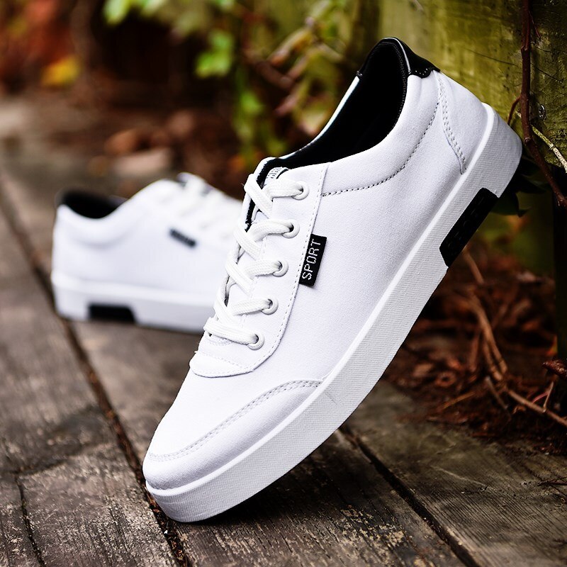 Mannen Sneakers Lente Herfst Toevallige Canvas Schoenen Mannen Platte Schoenen Zwart Wit Kant-Up Walking Sneakers Jeugd Heren Schoenen: WHITE / 9.5