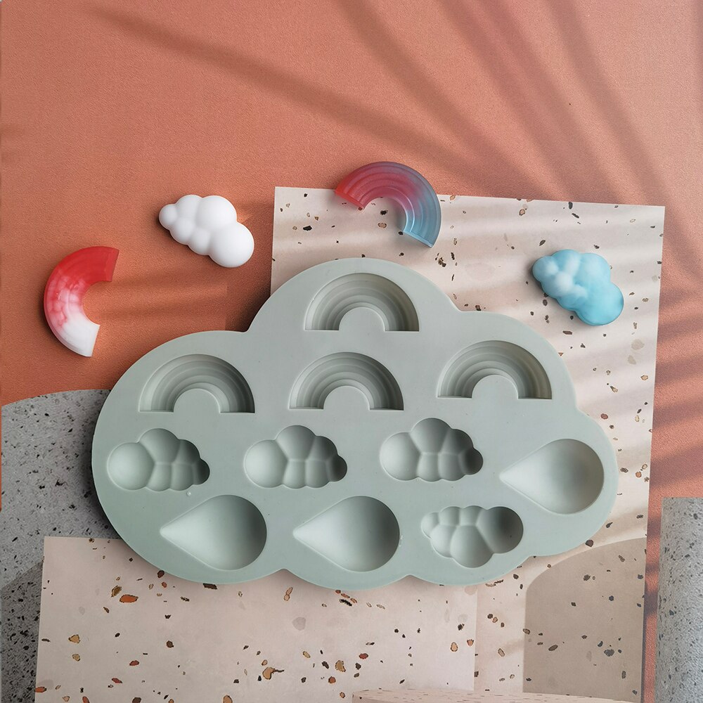 Molde de silicona con forma de gota de lluvia de nubes de arcoíris 3D, 11 cavidades, para hornear pasteles, Chocolate, Fudge, queso, cubitos de hielo