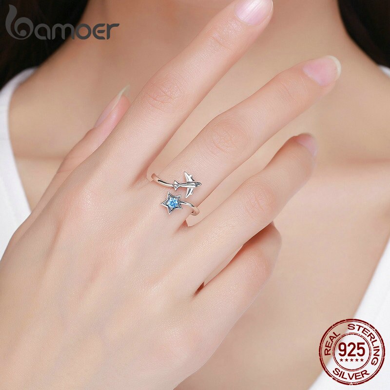 BAMOER 100% 925 Sterling Silber modisch Stern Touren Stern & Flugzeug Weibliche Finger Ringe für Frauen Sterling Silber Schmuck Anel SCR322