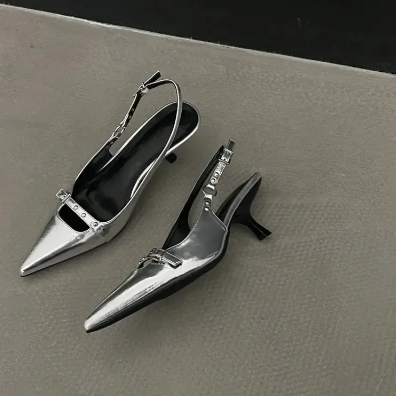 Slingback sandaler kvinder mellemhøje hæle pumps nittesko spidse snude dame mules kjoler denimsandaler